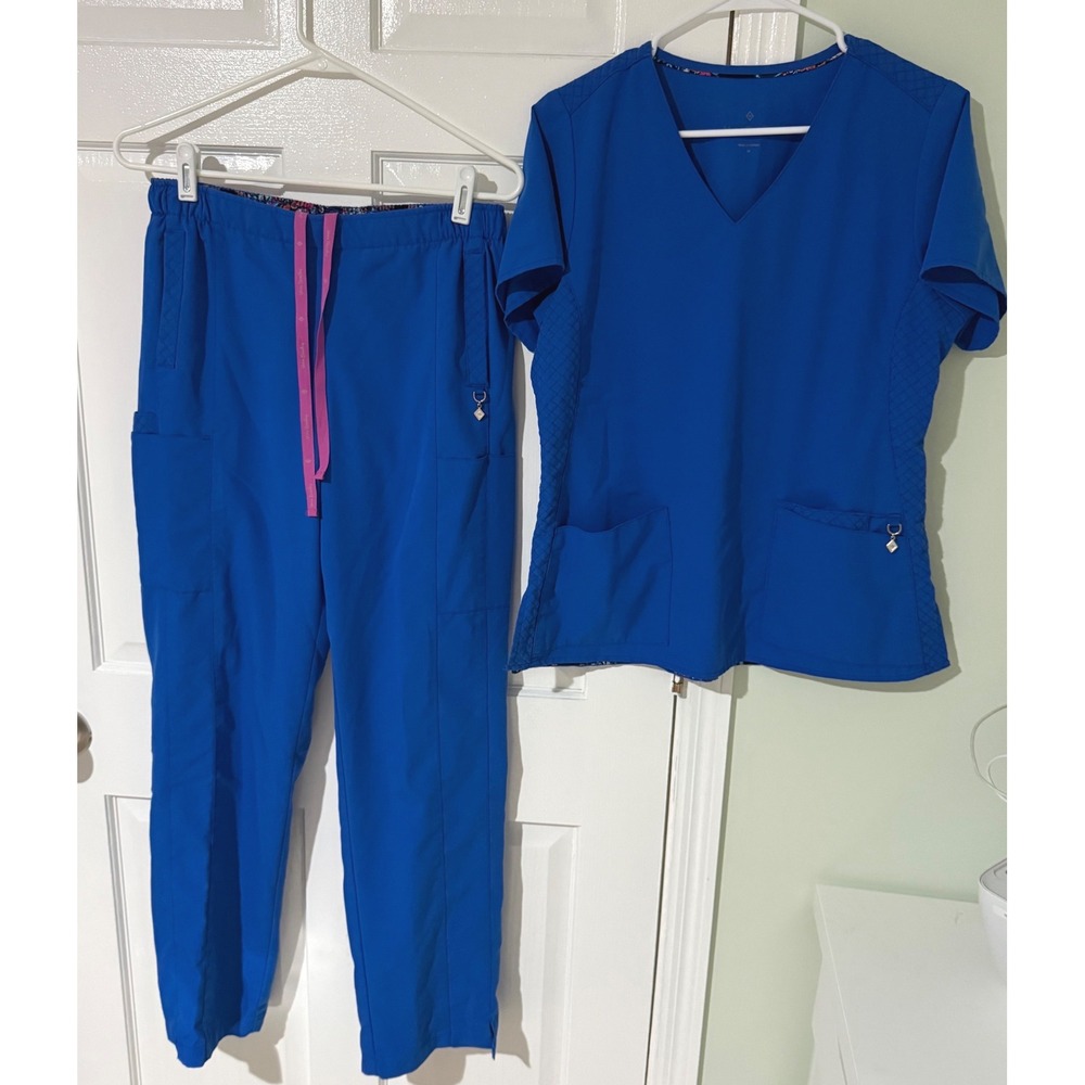 Vera Bradley Womens Scrub Set Royal Blue V-Neck Top Cargo Pants Size Medium
